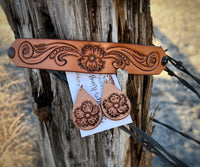 Hand Tooled Leather Earrings with matching Cuff
