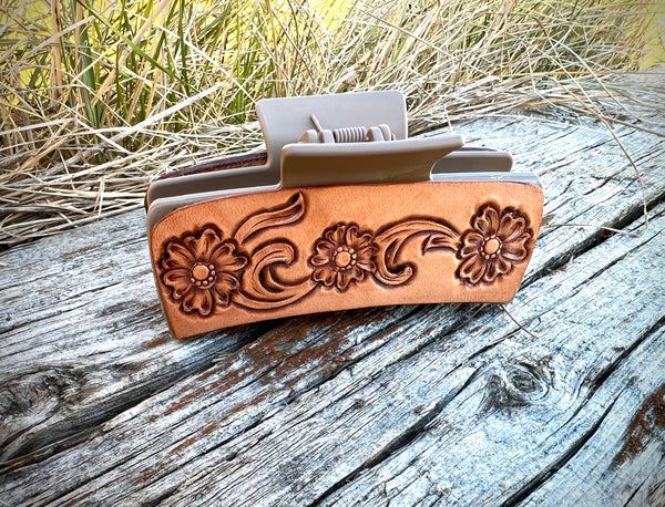 4” Hand Tooled Leather Claw Clip