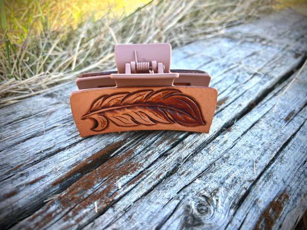 3 1/2” Hand Tooled Leather Claw Clip