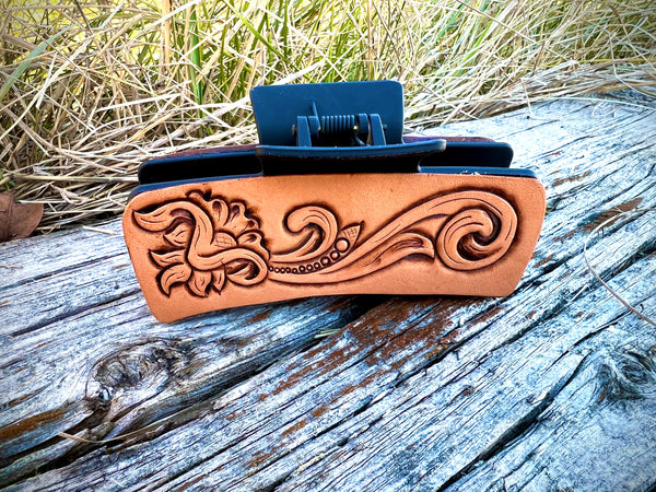 4” Hand Tooled Leather Claw Clip