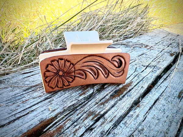 3 1/2” Hand Tooled Leather Claw Clip