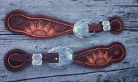 Dark Oil Sunflower Tooled Spur Straps