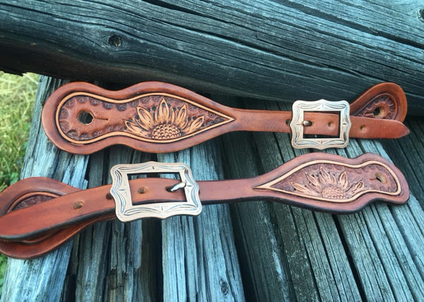 Medium Oil Sunflower Tooled Spur Straps