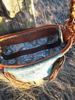 Fully Lined Cowhide Leather Crossbody Bag with Fringe & Turquoise Buckstitch