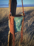 Fully Lined Cowhide Leather Crossbody Bag with Fringe & Turquoise Buckstitch