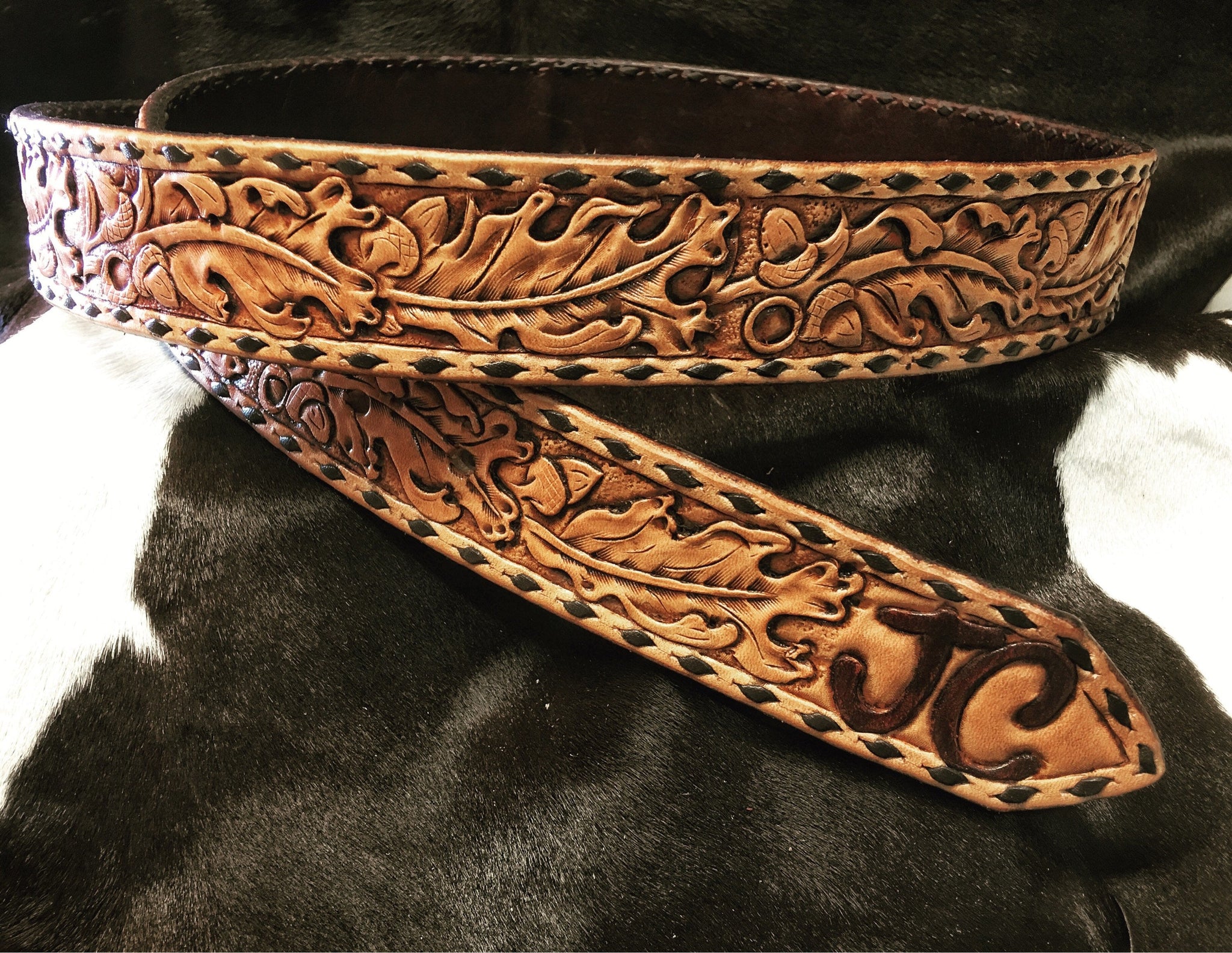 Custom hand tooled leather outlet belt