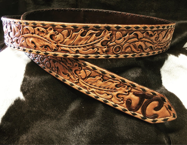 Western tooled pattern embossed leather jean belt