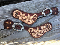Made To Order Custom Tooled Carved Leather Spur Straps - Floral, Feather, Basket Stamped