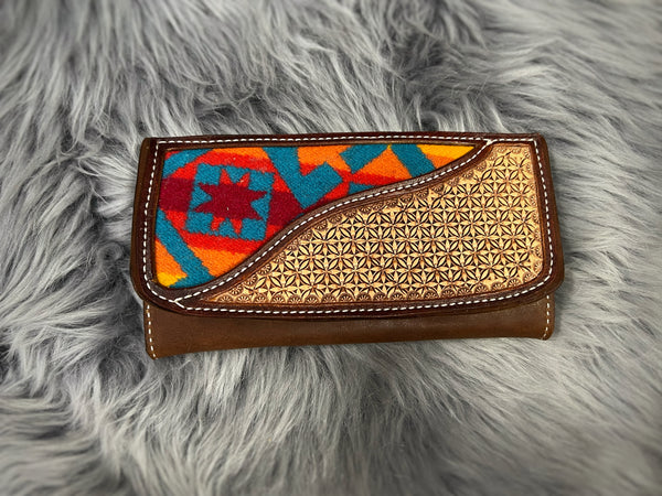 Ladies Hand Tooled Leather Clutch wallet with authentic Pendleton® Wool inlay ~ Ready to Ship
