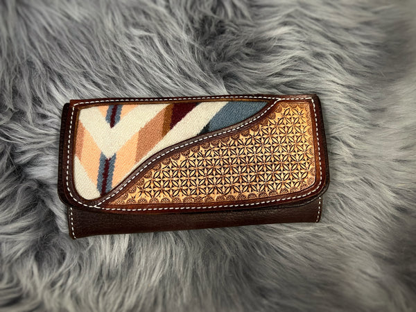 Ladies Hand Tooled Leather Clutch wallet with authentic Pendleton® Wool inlay ~ Ready to Ship